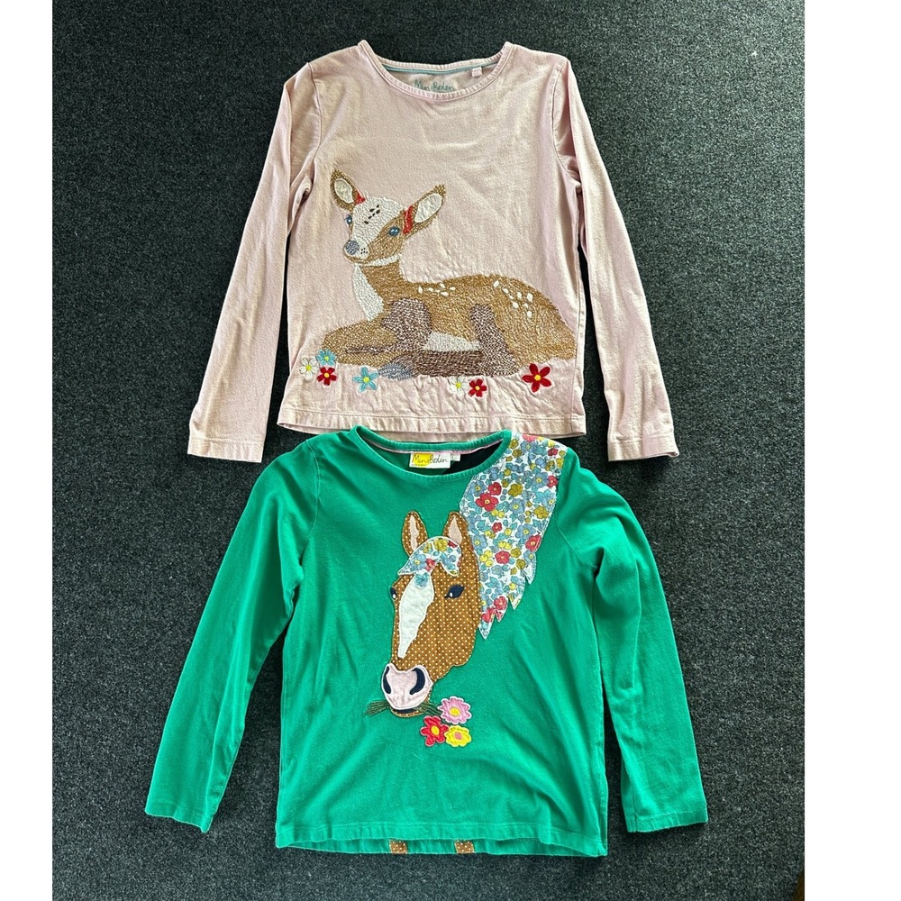 Mini Boden Girls Long Sleeve Graphic Tee Bundle Horse Deer Pink Green Size 9-10Y